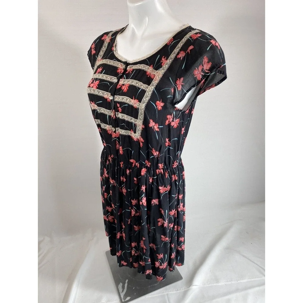 Free People Tunic Top Womens 4‎ Black Embroidered Floral Boho Hippie